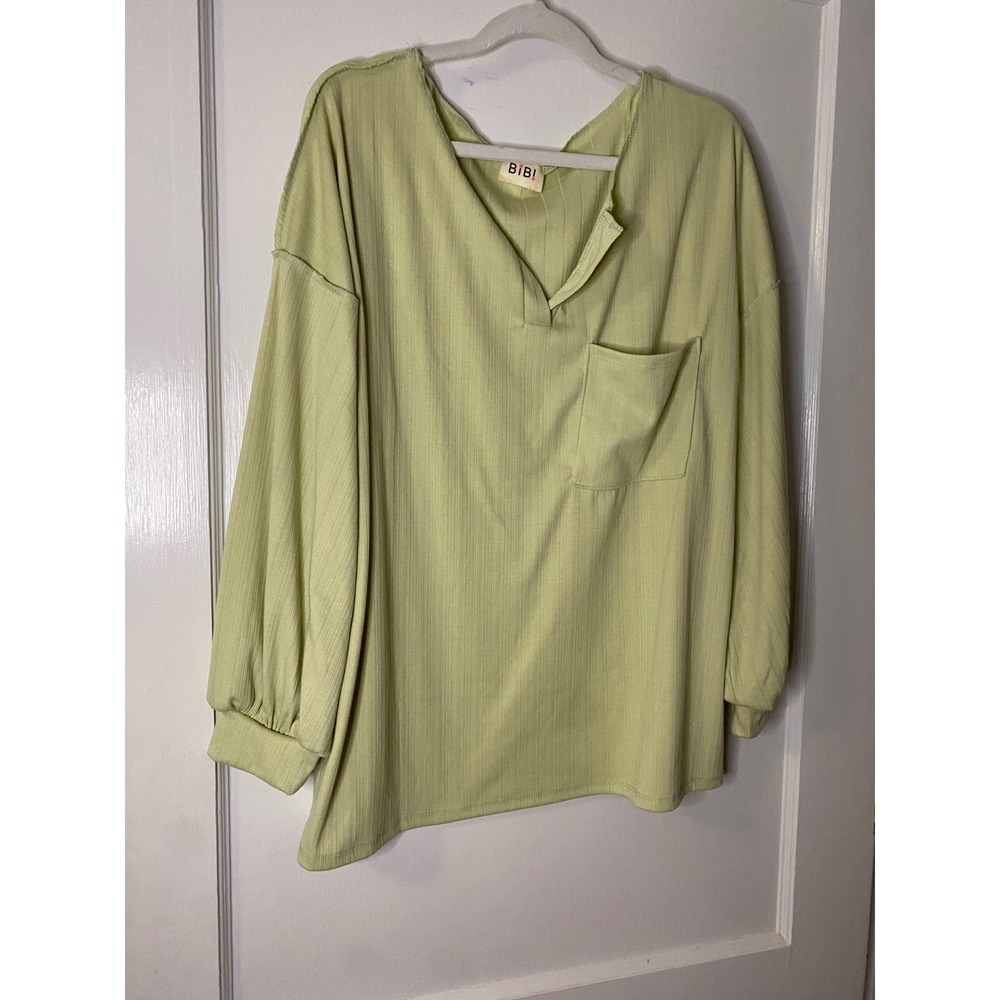 BiBi! Womens Green Ribbed V Neck Long Sleeve Pullover Top With Pocket‎